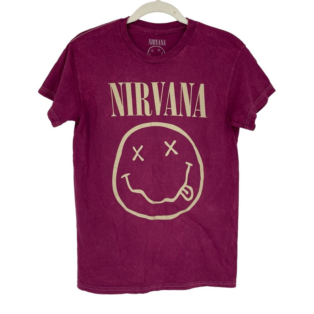 Nirvana Graphic Tee Women Small Burgundy Acid Wash Smiley Face Band Shirt